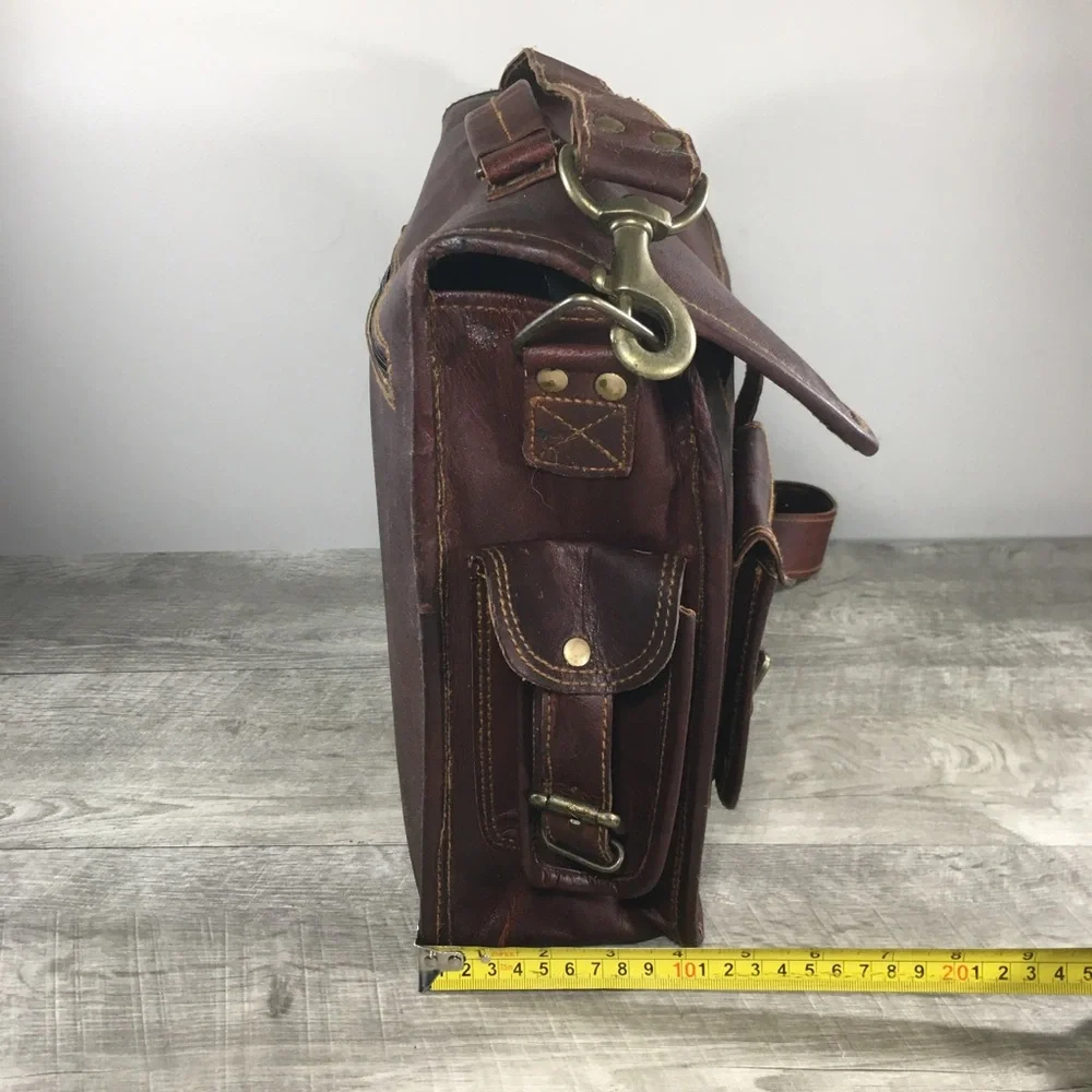 Vtg Waxed Leather Brown School Messenger Briefcase Shoulder Bag Computer Laptop